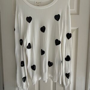 Marled White Sweatshirt with Black Heart Accents. Thin material.
